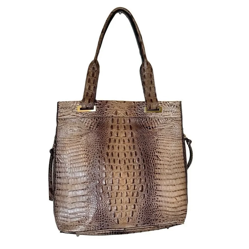 Brahmin Istana Mocha Madison Ave Melbourbe Croc Embossed Top Zip Leather Tote Sh